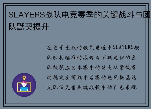 SLAYERS战队电竞赛季的关键战斗与团队默契提升