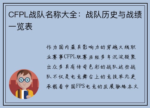 CFPL战队名称大全：战队历史与战绩一览表
